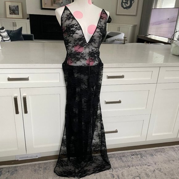 Stella McCartney Sienna Sparkling Satin Trimmed Stretch Lace Chemise Black Sz M